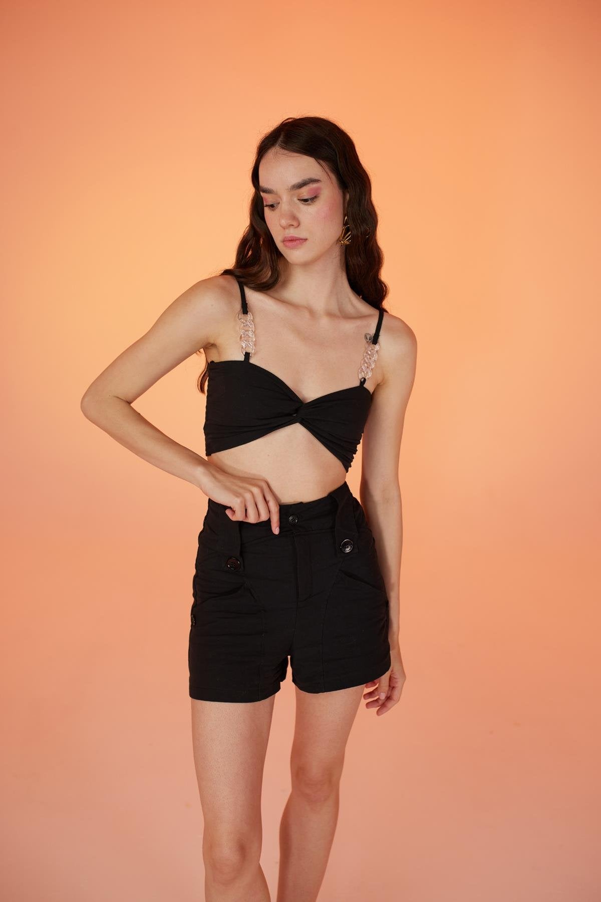 Koton Kumaş Şeffaf Rise Zincir Detaylı Bluz Siyah Siyah L