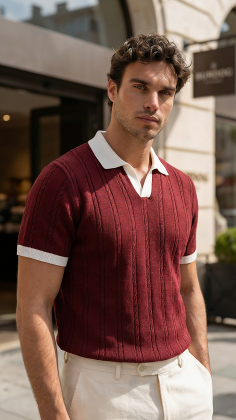 Men's Knitted Pattern Collar Short Sleeve Knit T-Shirt - 100% Cotton Acrylic
