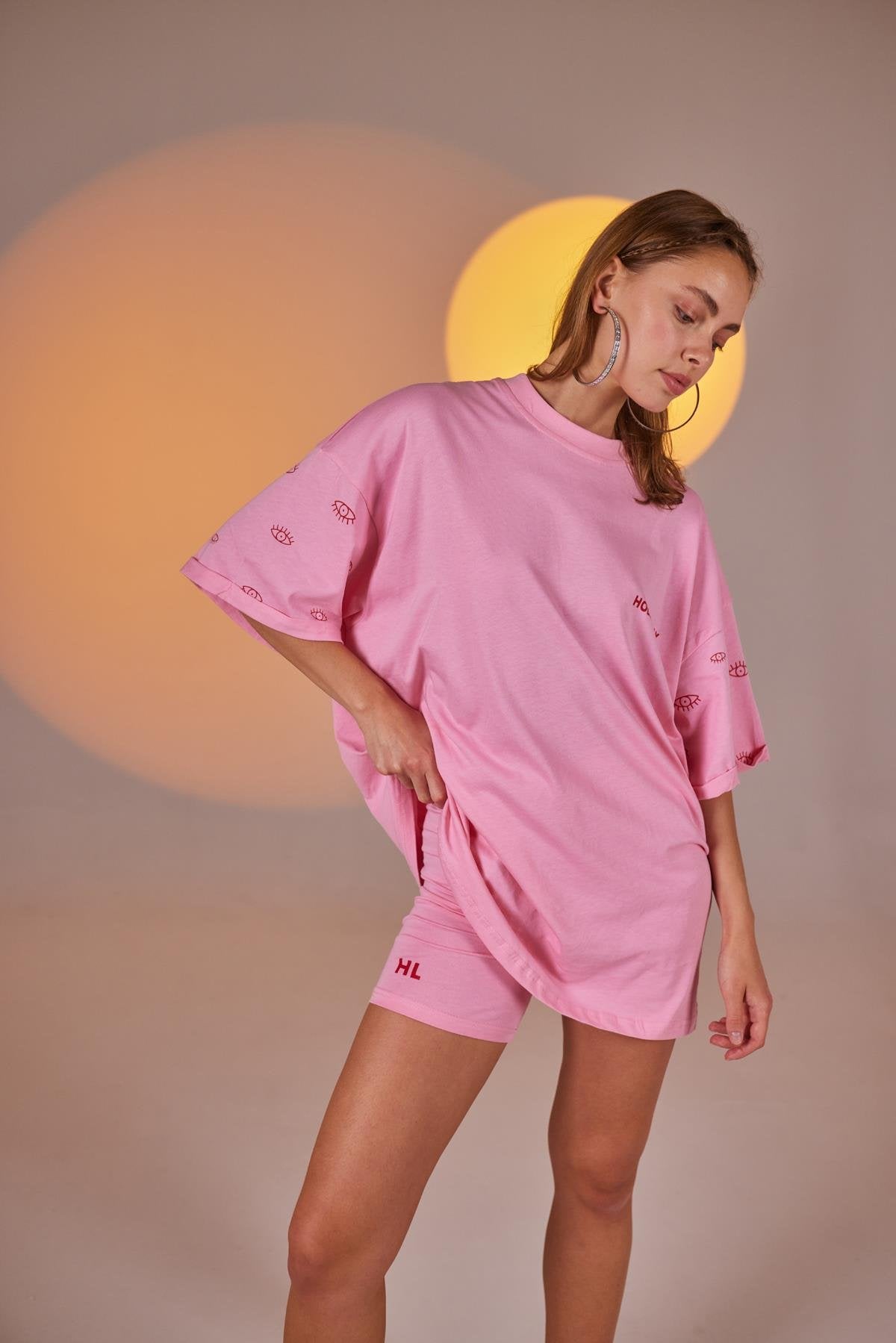 Göz Baskılı Oversize Eye Tshirt Bike Tayt Takım Pembe Pembe L