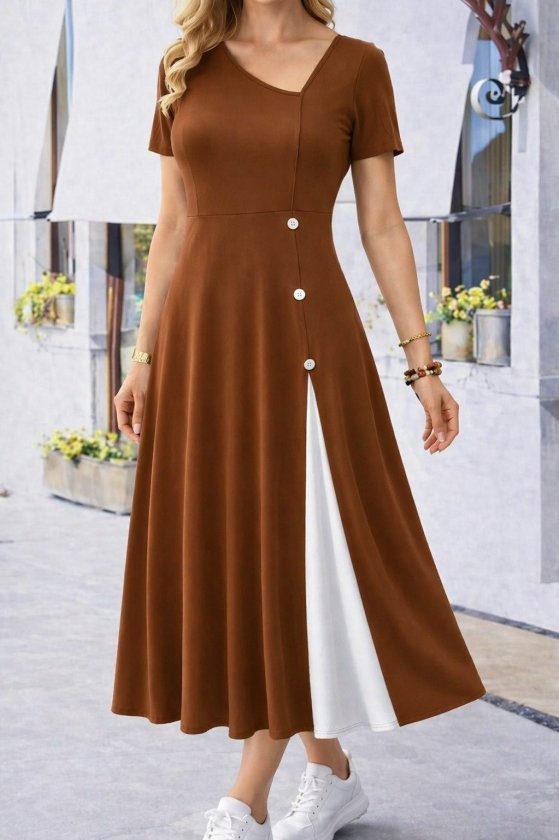 Women's Short Sleeve Asymmetric Collar Button Detail Midi Viscose Dress