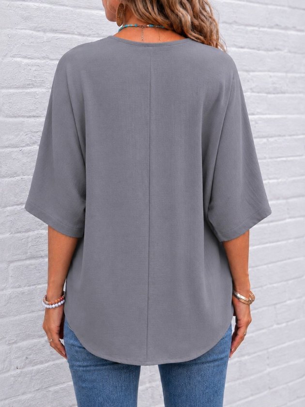 Women's Short Sleeve V-Neck Buttoned Blouse