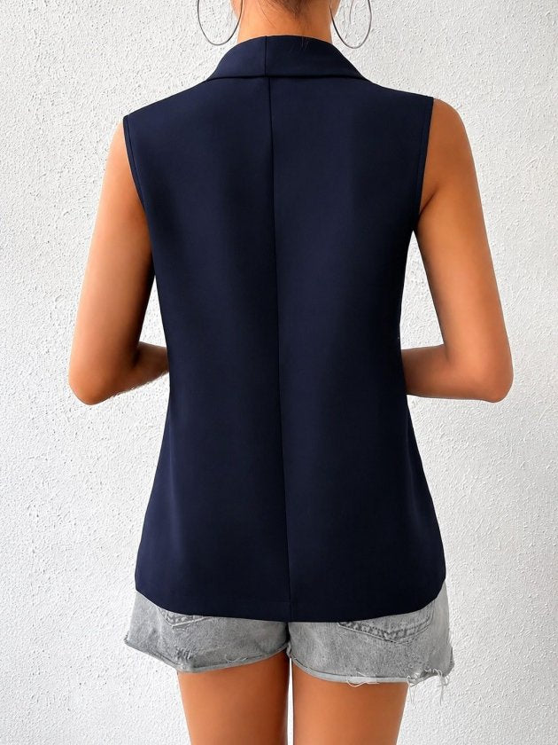 Women's Sleeveless Collared Stone-Embellished Open Front Satin Vest