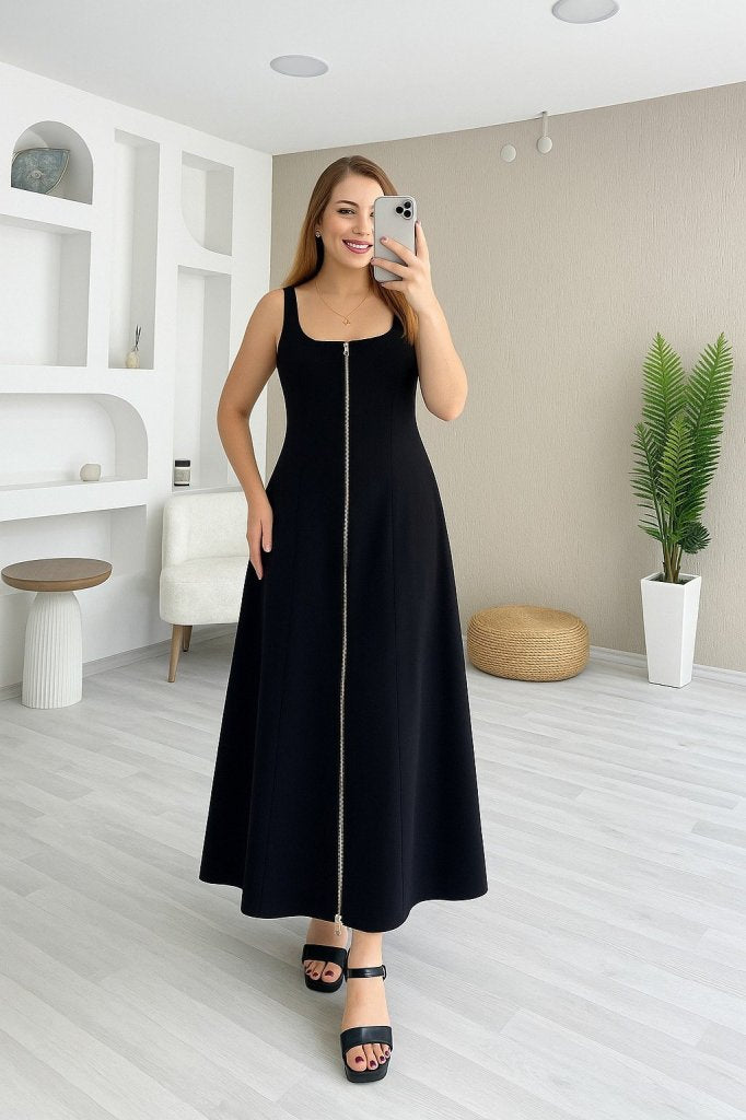 Women's Strappy Square Neck Front Zipper Wide Cut Ruffled Crepe Dress