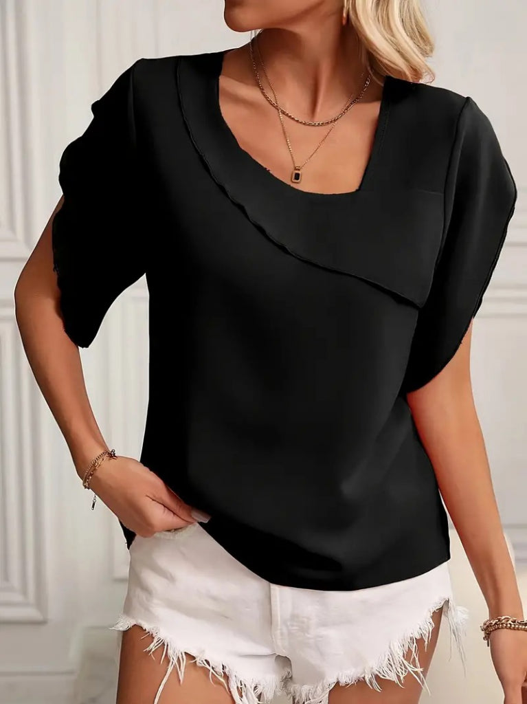 Women's Short Sleeve Collar and Sleeve Detail Jesica Blouse