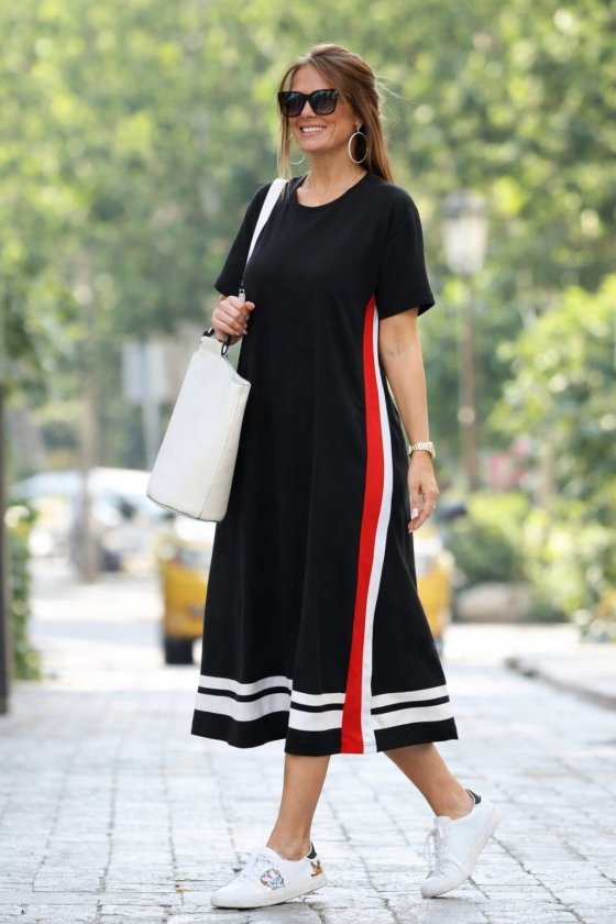 Women's Short Sleeve Crew Neck Side Stripe Detail Midi Viscose Dress