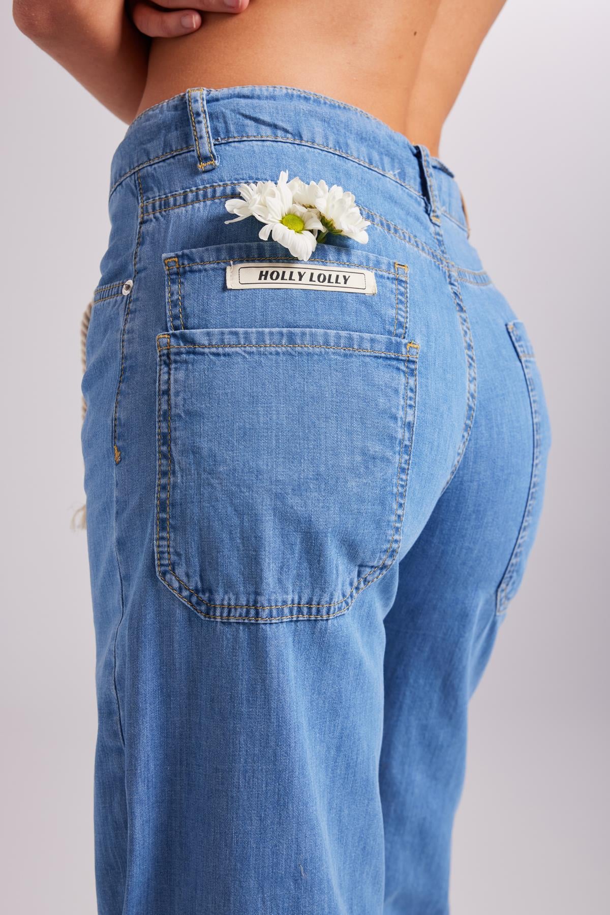 Beli Bağlamalı Orta Düşük Bel Yumuşak Dokulu Lose Jean Pantolon Mavi