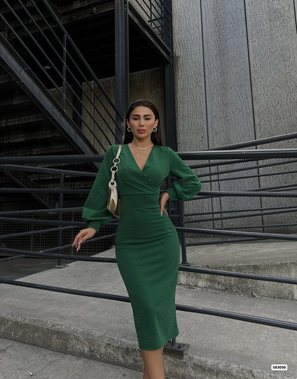 Women's Wrap Neck Balloon Sleeve Glitter Crepe Fabric Midi Dress