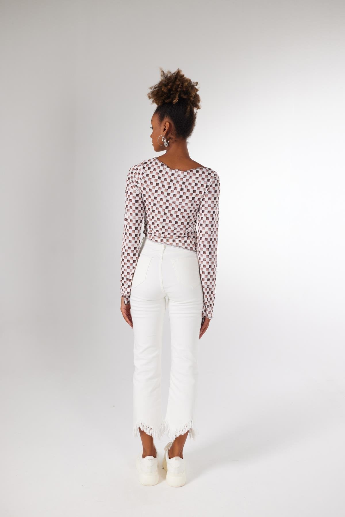 Kadın Kahverengi Damalı Düğme Kapamalı Pierre Bluz