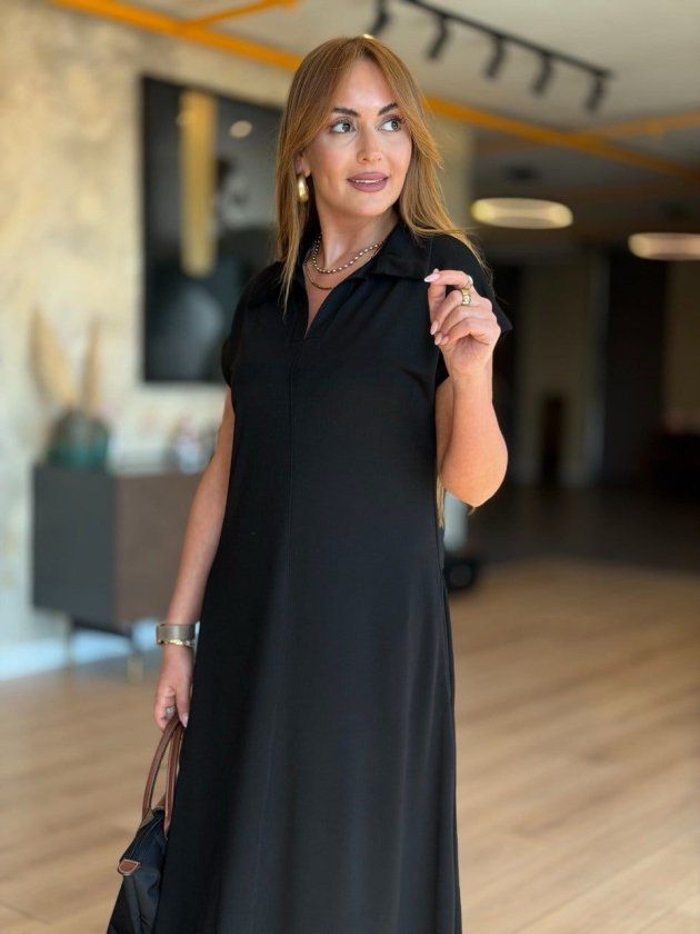 Women's Short Sleeve Collared Pocketed Long Viscose Double Yarn Dress
