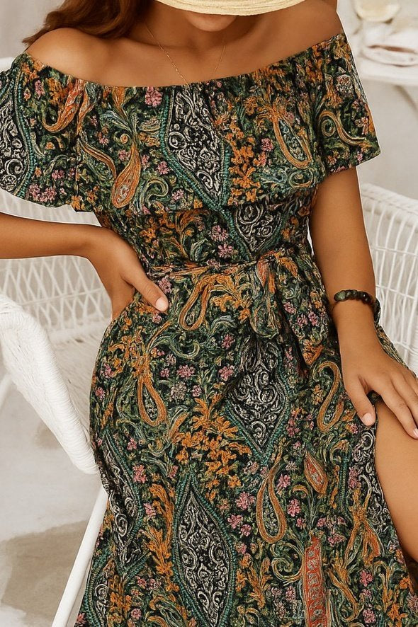 Women's Short Sleeve Madonna Neck Ruffled Waist Slit Maxi Supreme Dress