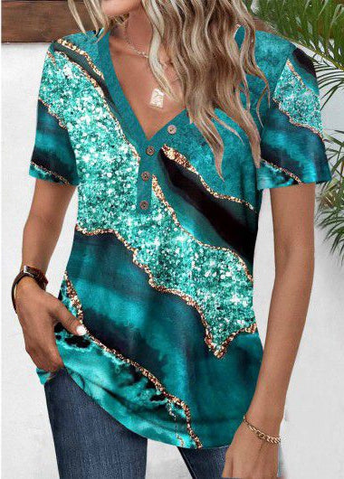 Women's Short Sleeve V-Neck Front Buttoned Printed Supreme Blouse