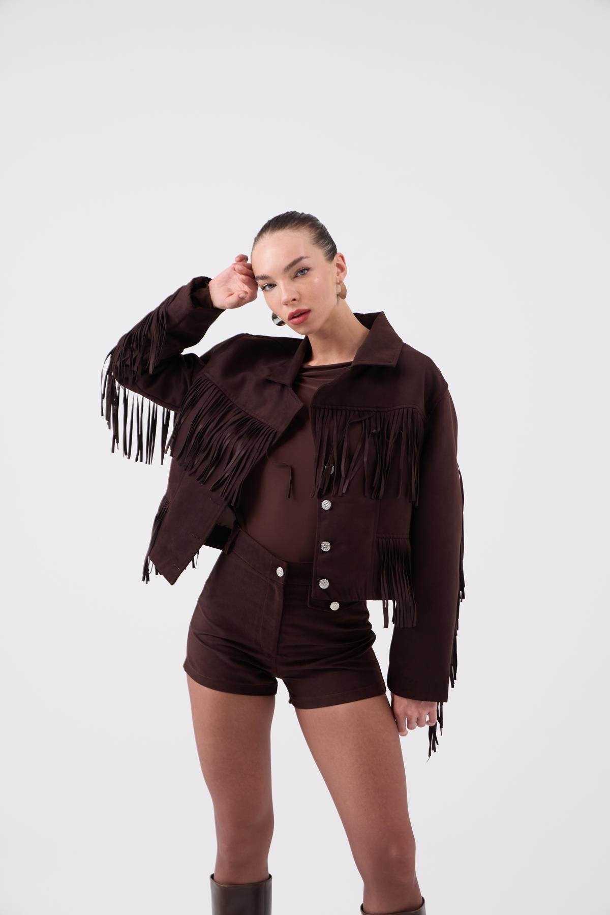 Püskül Detaylı Valeri Süet Ceket Kahve Kahve L