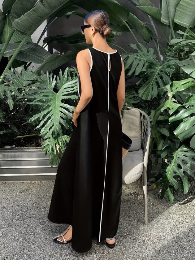 Women's Off-Shoulder Thin Stripe Detailed Long Viscose Dress
