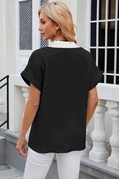 Women's Short Sleeve V-Neck Sandy Blouse with Front Stripe Detail