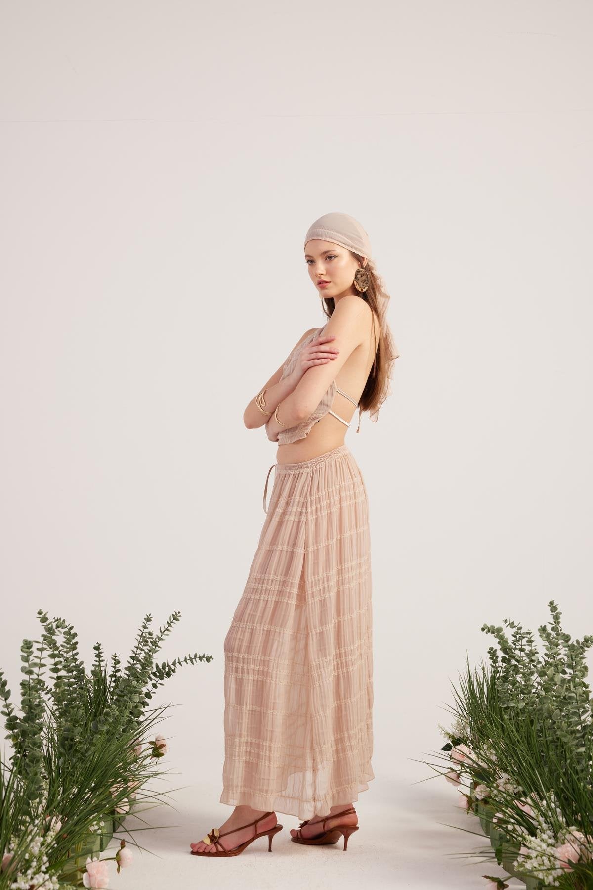 Şal Detaylı Etek Bluz Üçlü Bohemy Takım Bej