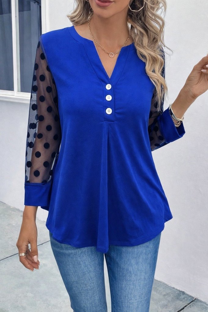 Women's Long Sleeve Buttoned Neckline Sheer Sleeve Detail Viscose Blouse