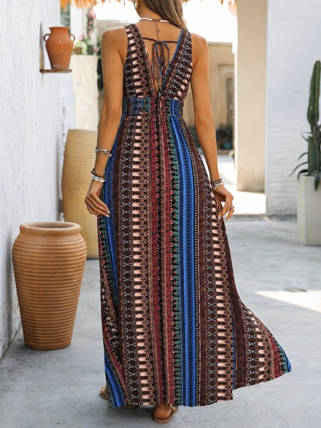 Women's Sleeveless Deep V Chest Neckline Patterned Long Supreme Dress