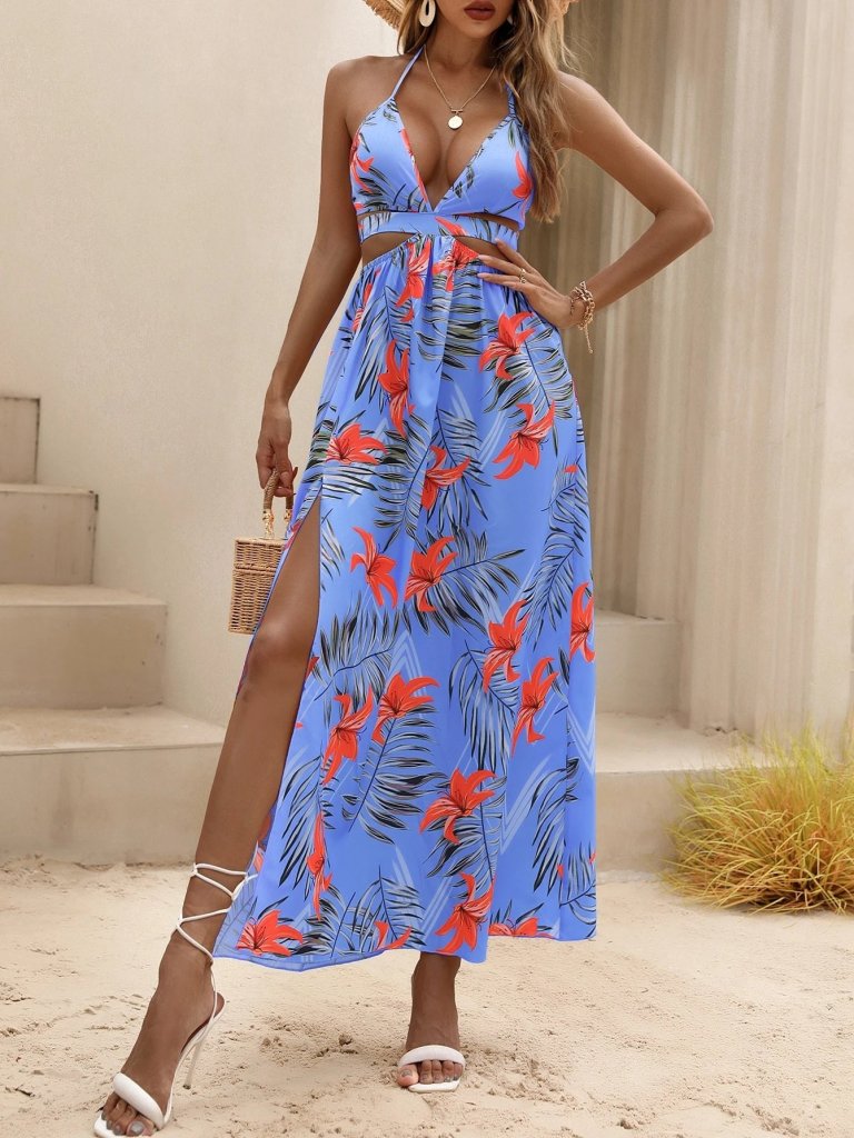 Women's Strap Neck-Tied V-Neck Slit Long Patterned Supreme Dress
