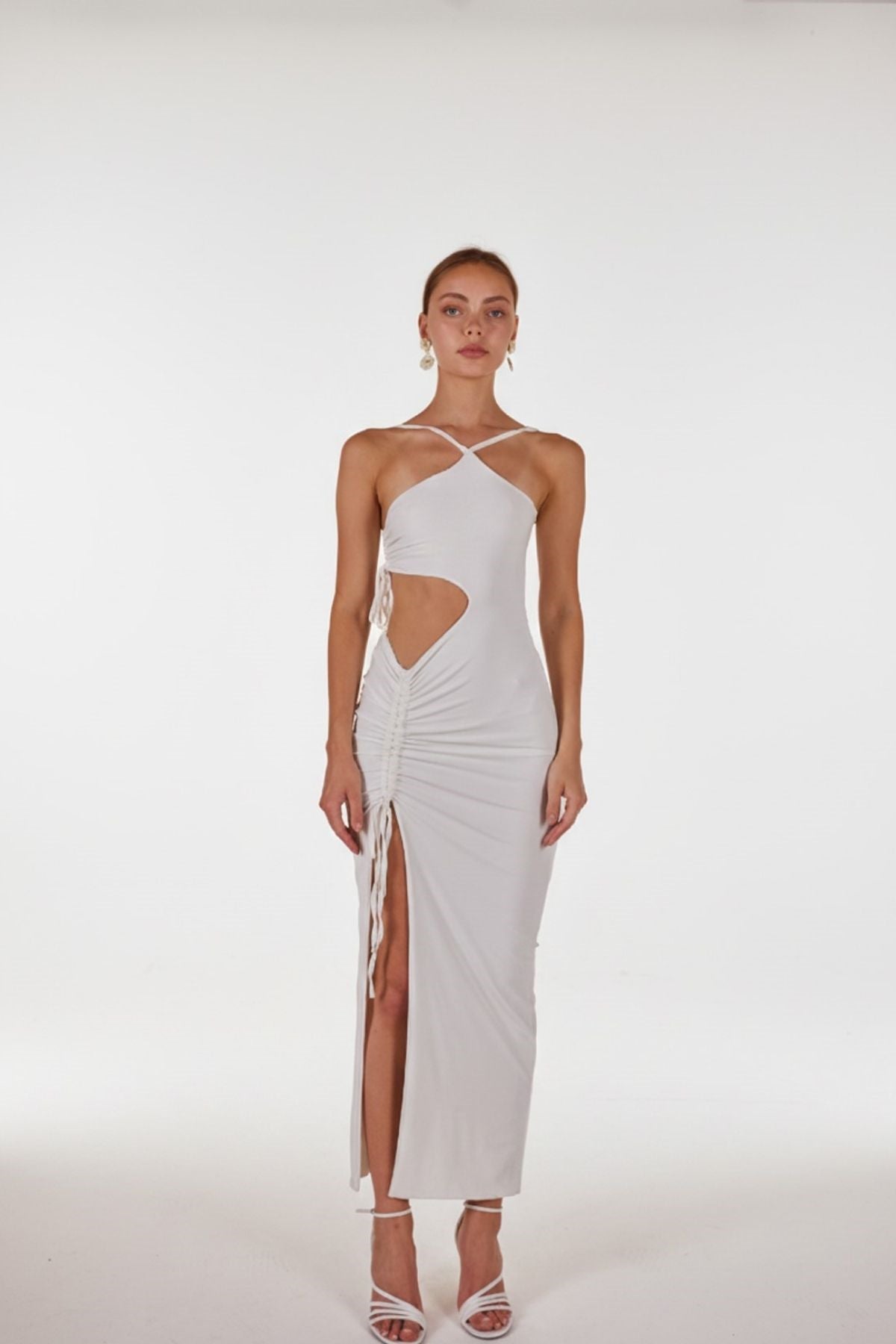 Tek Omuz Göbek Dekolteli Yırtmaçlı Esnek Ellie Elbise Beyaz Beyaz L