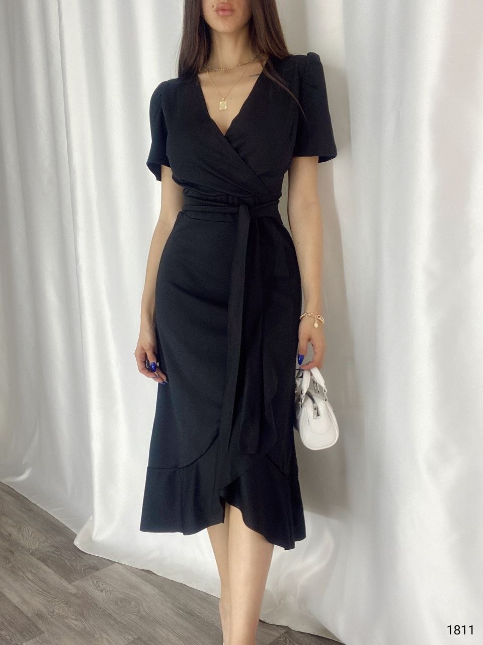Women's Wrap Neck Midi Length Belted Crepe Dress 120 Cm