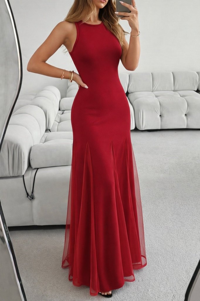Women's Strappy Crew Neck Hem Tulle Detailed Asymmetric Flared Long Imported Crepe Dress