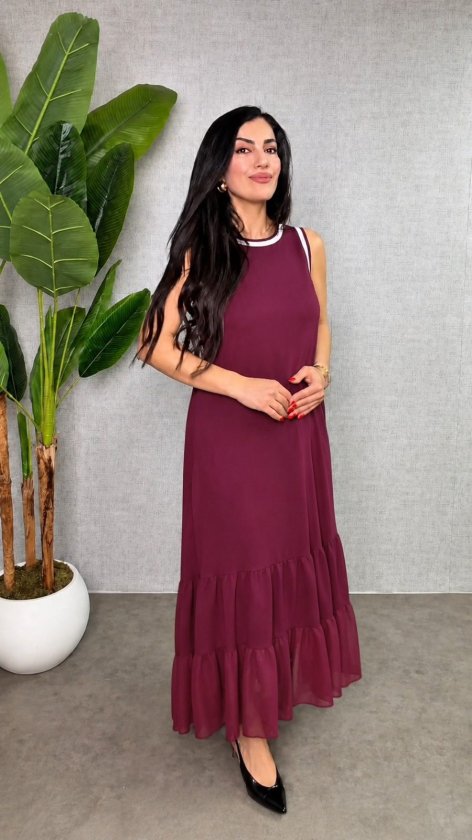Women's Strappy Round Neck Chiffon Hem Detail Long Viscose Double Thread Dress