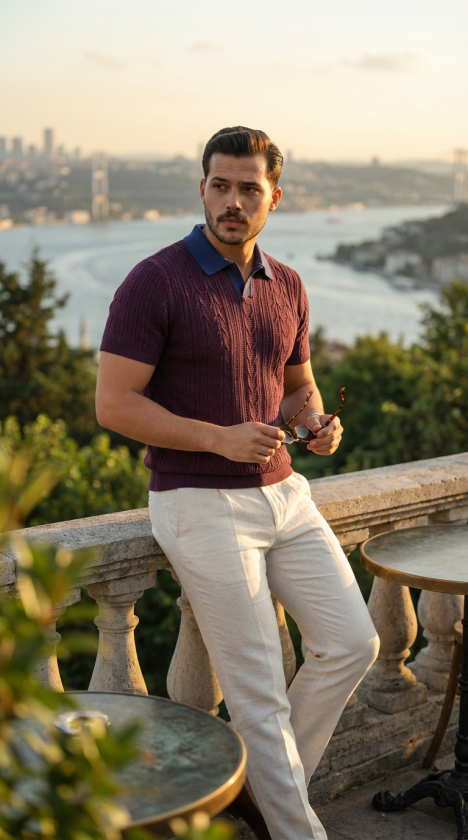 Men's Patterned Short Sleeve Knit T-Shirt - 100% Cotton Acrylic