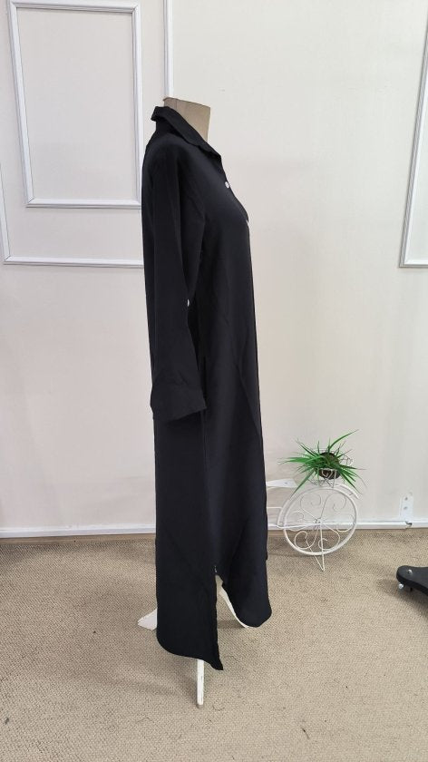 Women's Long Sleeve Collared Front Button Wide Cut Detailed Long Dress