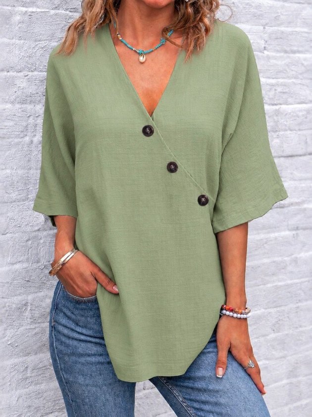 Women's Short Sleeve V-Neck Buttoned Blouse