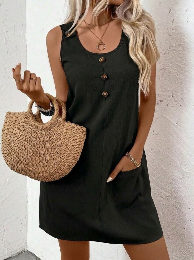 Women's Strappy Round Neck Front Button Pocket Detailed Short Dress