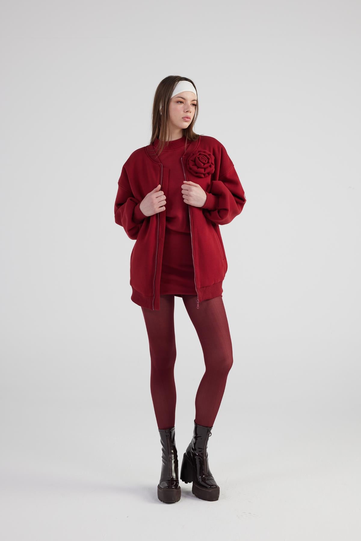 Oversize Çıkarılabilir Gül Detaylı Astarlı Alexa Bomber Ceket Bordo