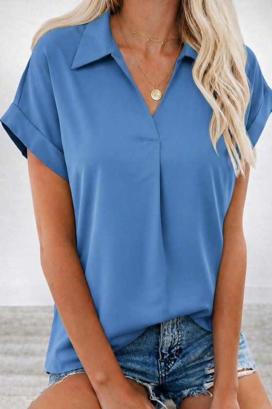 Women's Short Sleeve Collared Woven Viscose Blouse