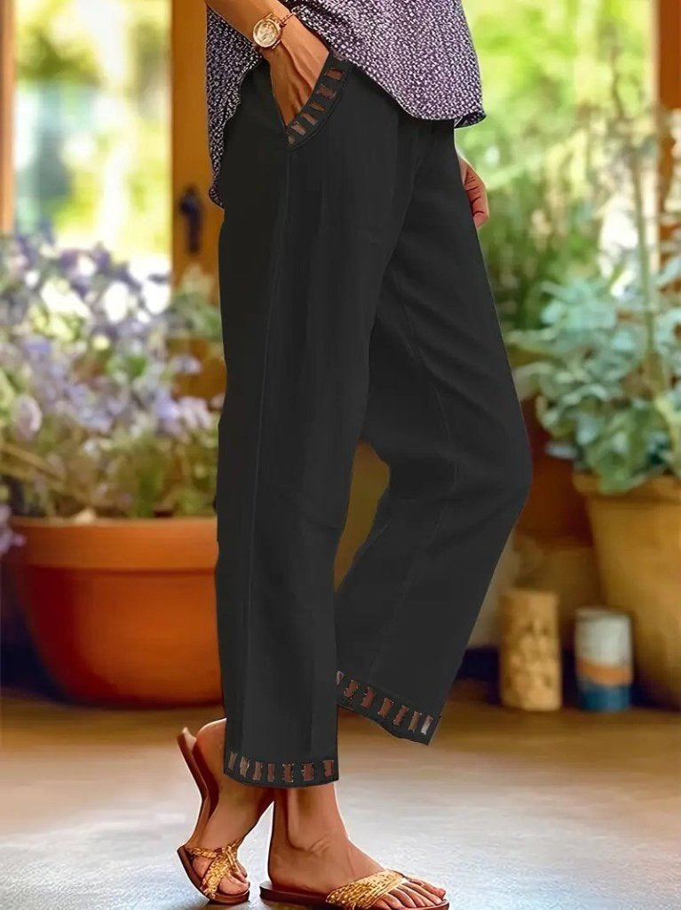 Women's Elastic Waist Drawstring Pocket and Pant Leg Lace Detailed Pants