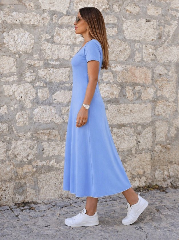 Women's Short Sleeve Round Neck Color-Trimmed Flared Midi Viscose Dress