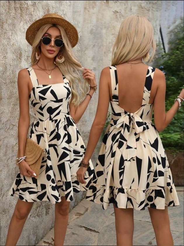 Women's Strappy Square Neck Patterned Short Flared Dress