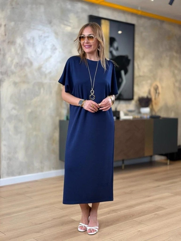Women's Short Sleeve Crew Neck Shoulder Button Long Viscose Double Thread Dress