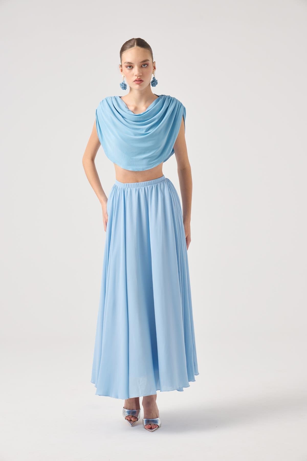 Şifon Etekli Pelerin Bluz Büstiyer 3 lü Alanna Takım Mavi