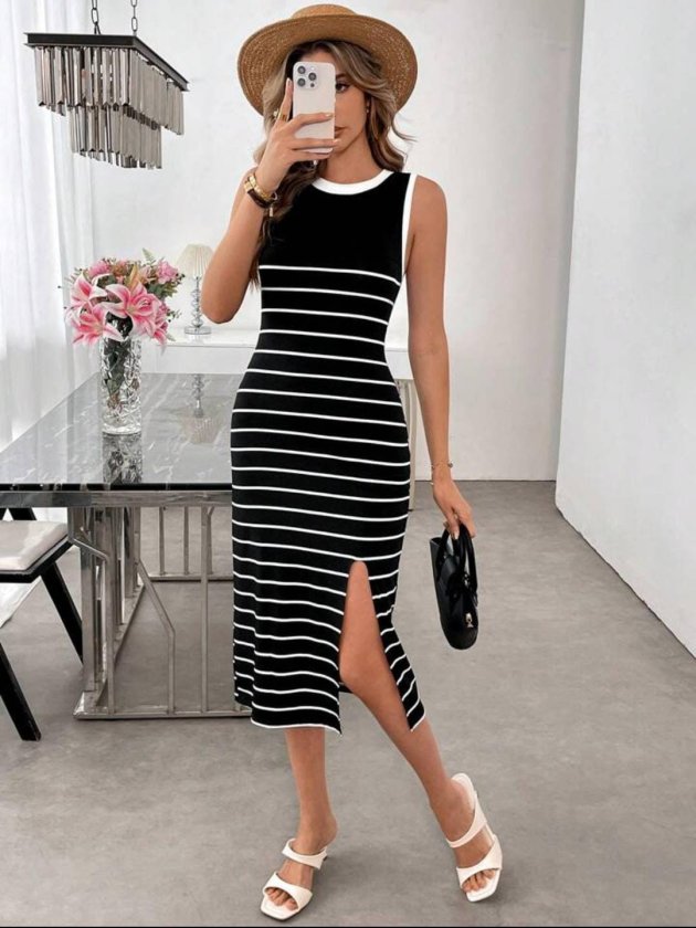 Women's Sleeveless Round Neck Blouse with Strap Detail and Slit Midi Knit Dress