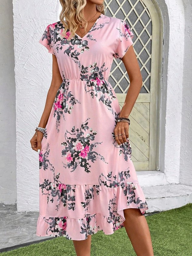 Women's Short Sleeve V-Neck Patterned Midi Supreme Dress