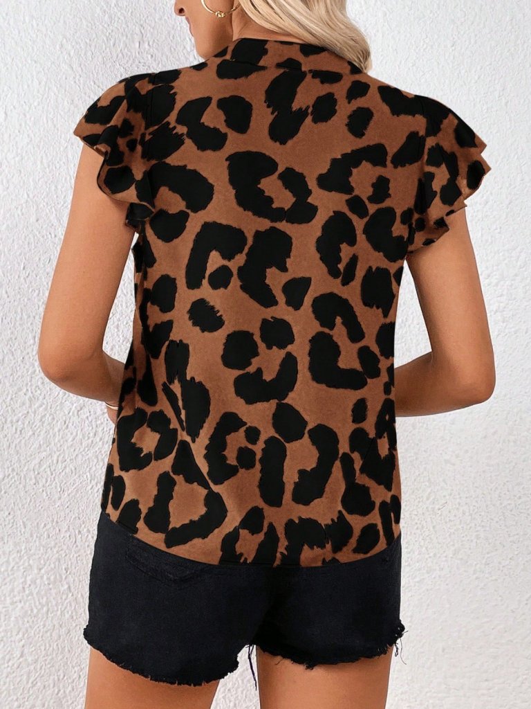 Women's Short Ruffle Sleeve V-Neck Leopard Pattern Supreme Blouse