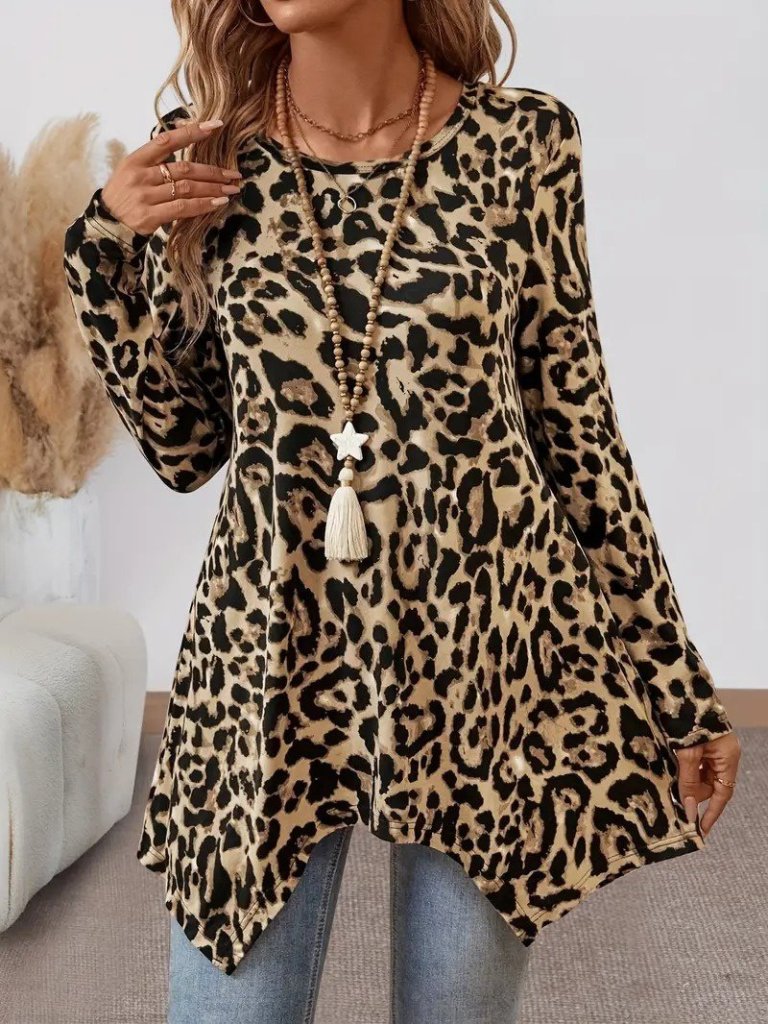 Women's Long Sleeve Crew Neck Leopard Print Supreme Blouse
