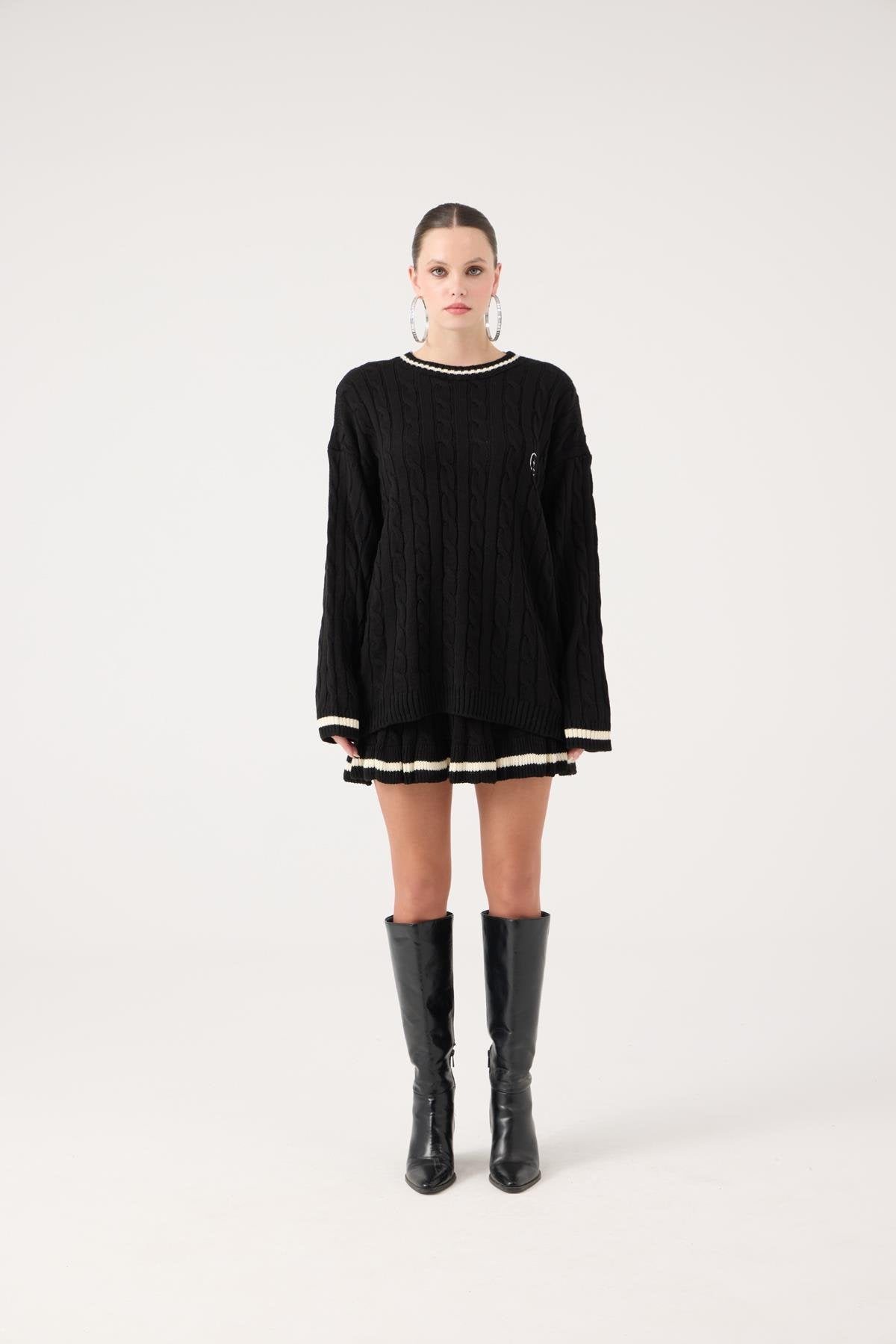 Logolu Örgü Desenli Oversize Triko Harold Kazak Siyah Siyah STD