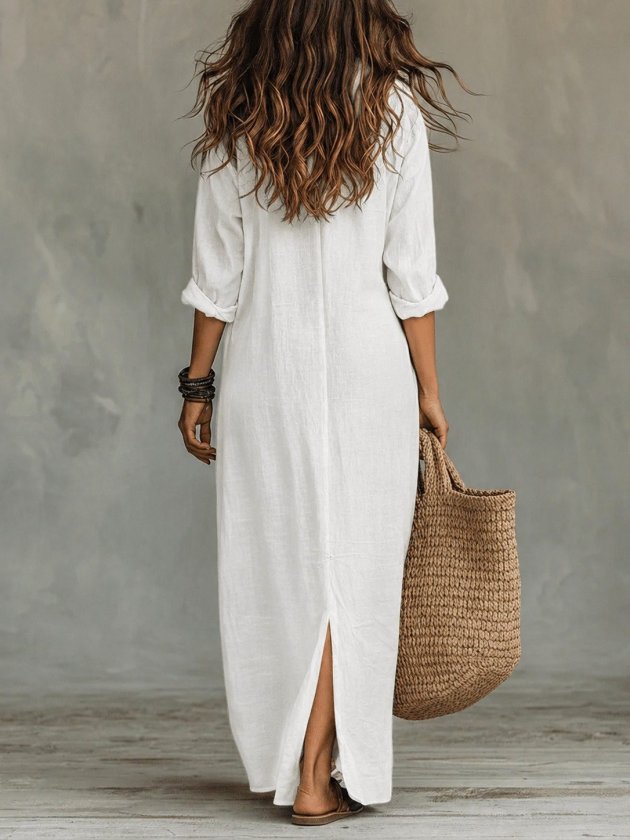 Women's Long Sleeve Collared Buttoned Slit Detail Long Dress