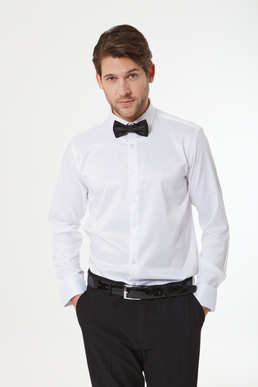 %100 Pamuk Saten Uzun Kollu Slim Fit Erkek Gömlek - Beyaz