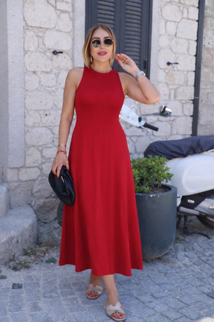 Women's Off-Shoulder Back Buckle Detail Slit Long Viscose Dress