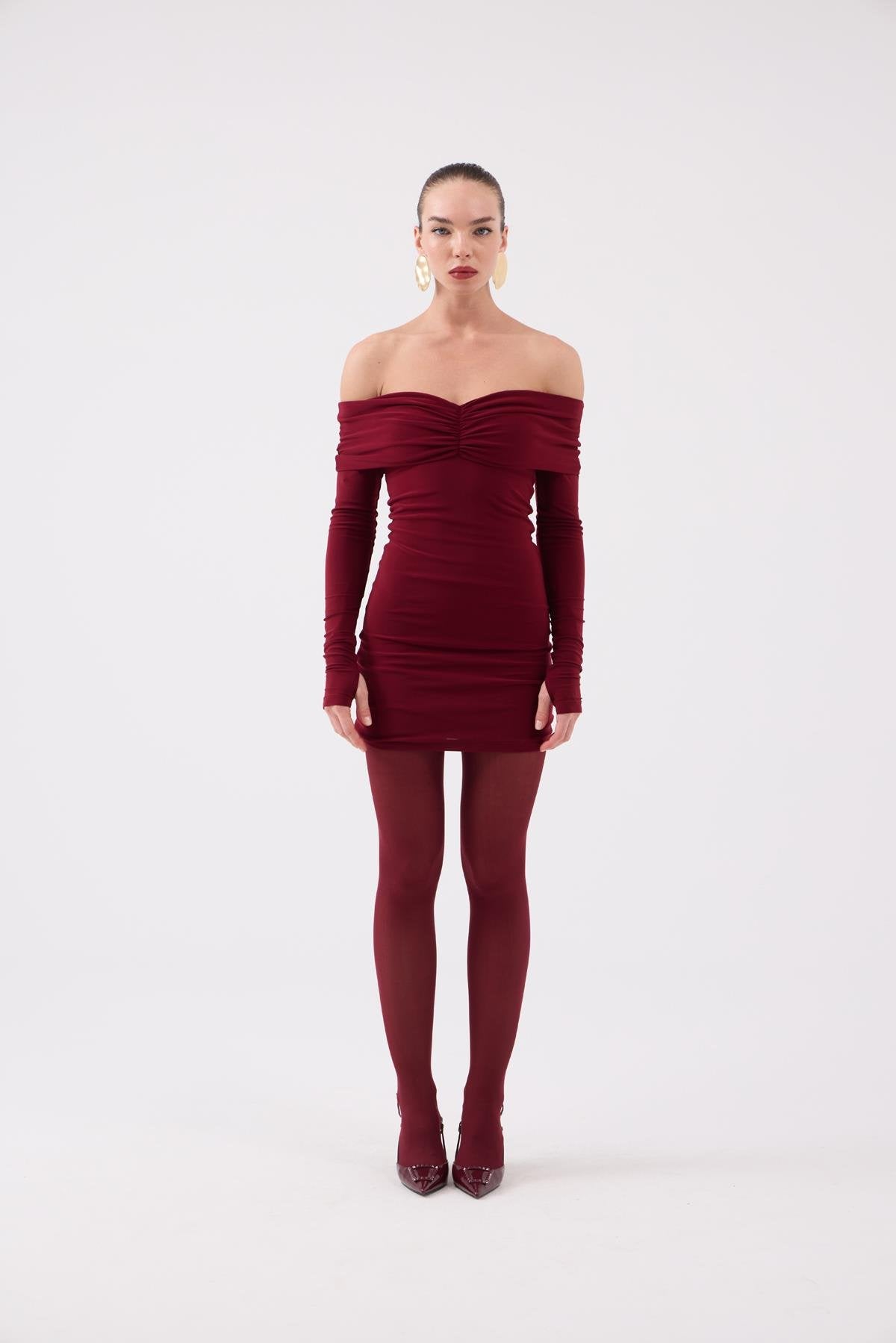 Madonna Yaka Astarlı Mini Dreamer Elbise Bordo