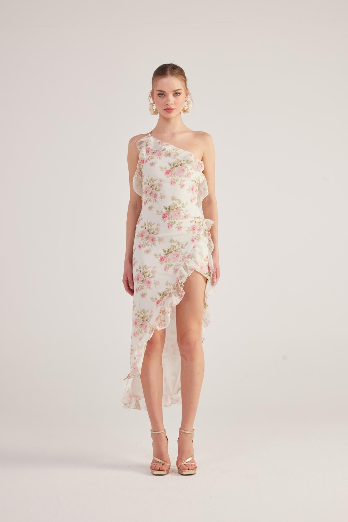 Tek Omuzlu Fırfır Detaylı Şifon Amorous Elbise Ekru