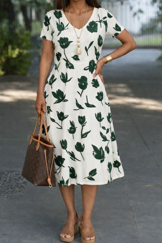 Women's Short Sleeve V-Neck Pocket Detailed Patterned Supreme Dress