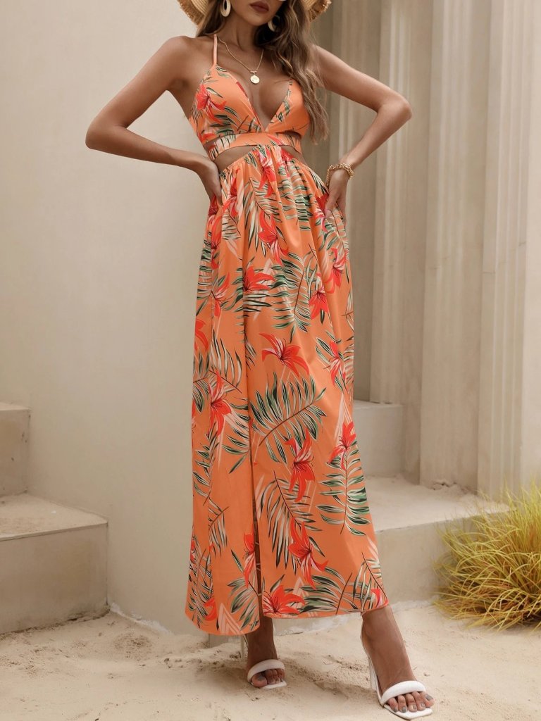 Women's Strap Neck-Tied V-Neck Slit Long Patterned Supreme Dress