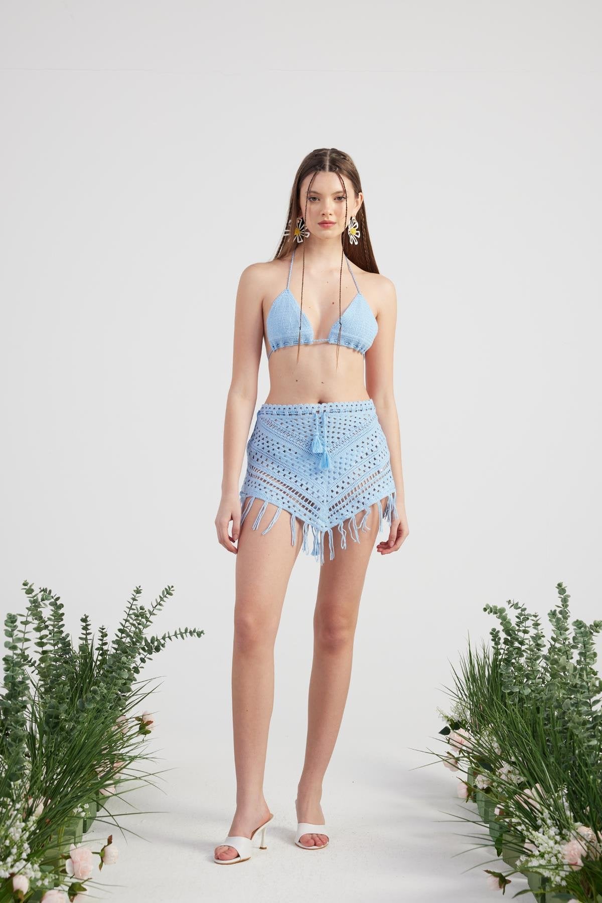 Desenli Bağlamalı Yazlık Alt Üst Chacha Triko Takım Mavi Mavi M - L